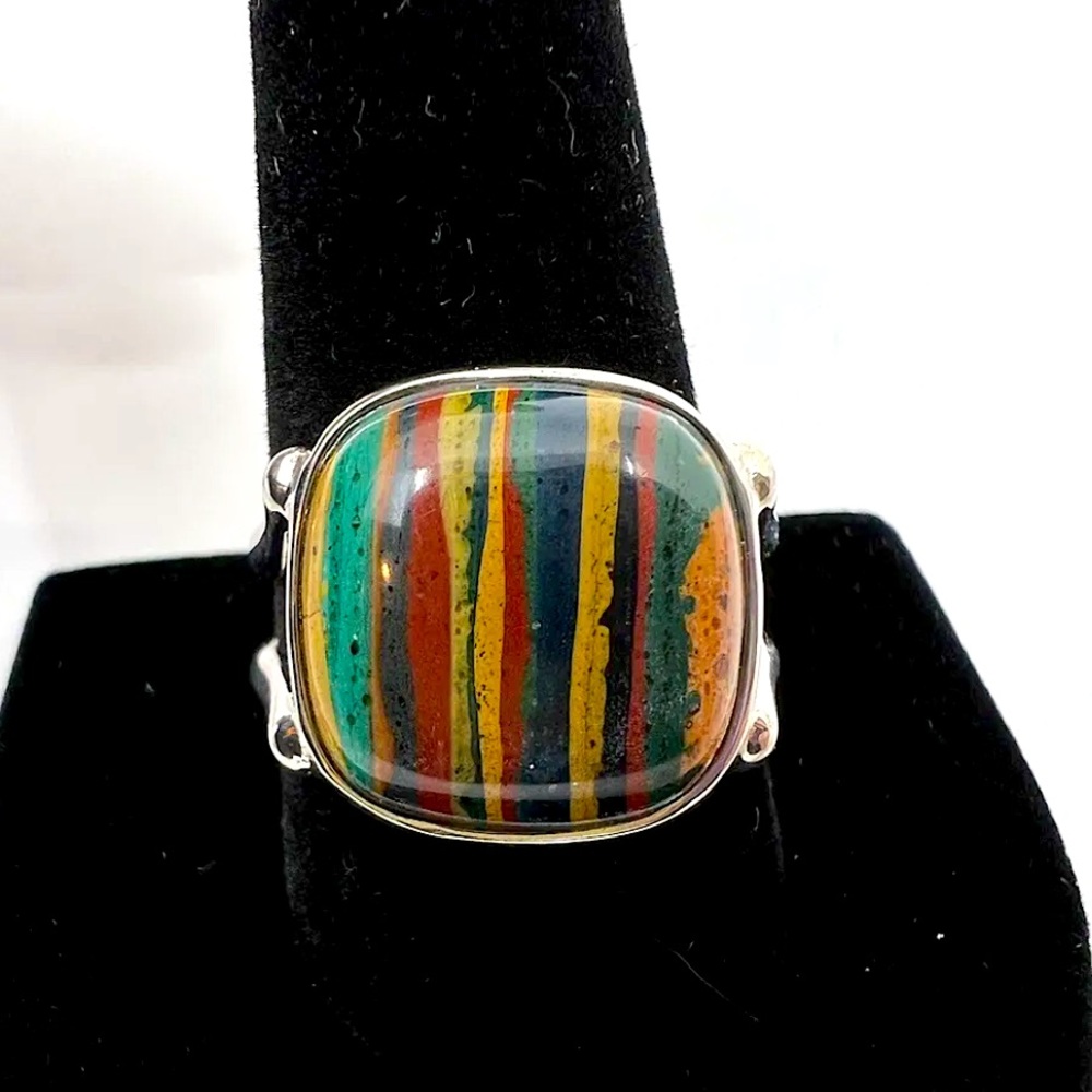 JAY KING DTR Sterling Silver Rainbow Calsilica Cabochon Square Ring Sz 11 NWT
